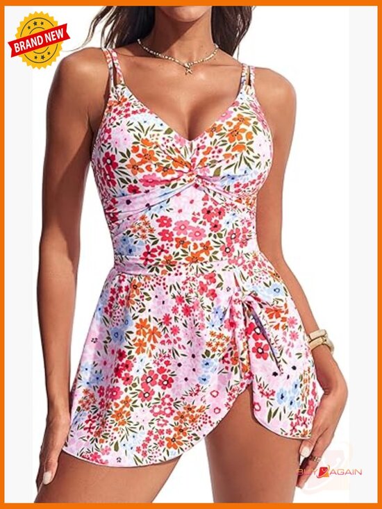 Other - Tummy Control One Piece Swimsuit with Push Up Twist Front and Skirt